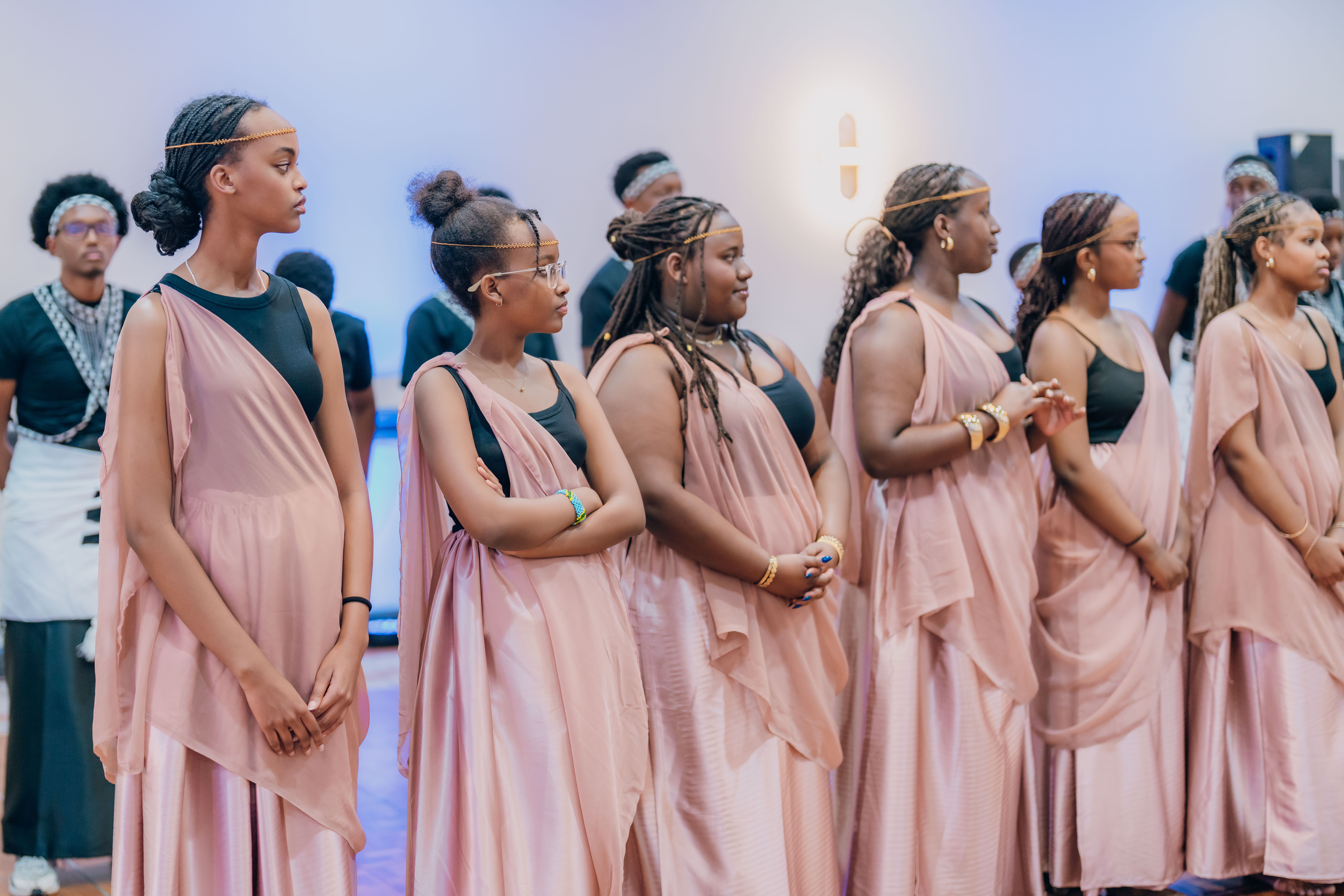 Group of girls in traditional pink costumes
